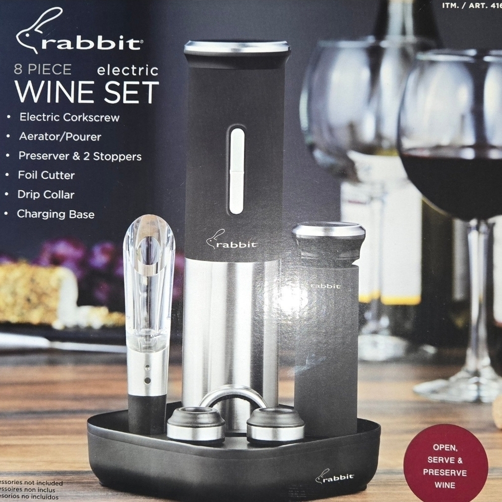 Rabbit 8-Piece Electric Wine Opener, Preserver, Aerator, Stopper Set | NIB